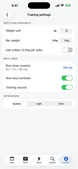 Training settings: units, bar, collars, rest timer, appearance