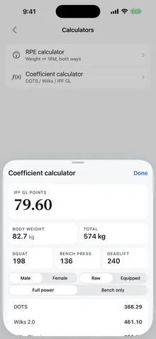Coefficient calculator: DOTS, Wilks and IPF GL